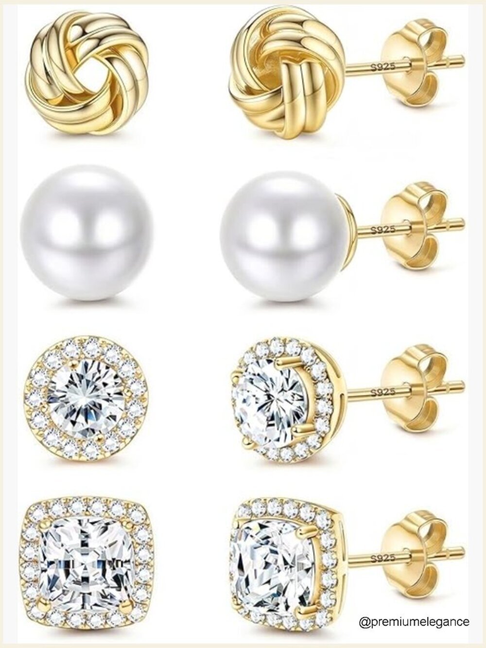 4 Pairs Sterling Silver Stud Earrings Set Hypoallergenic 14K Gold Plated